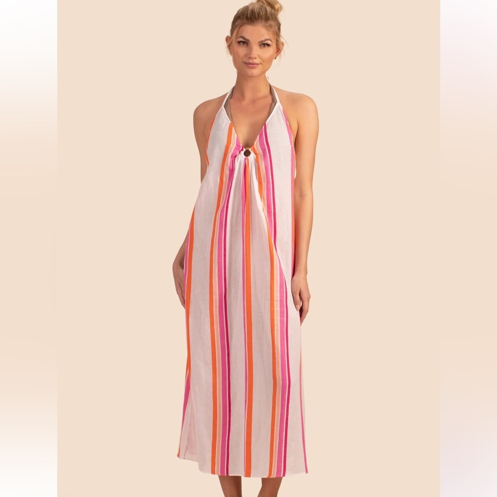 New Trina Turk Women's Sweet Stripe Plunge Dress Size L